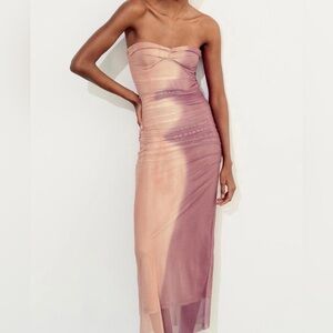 ZARA Sleeveless Split Tone Tie Dye Pink Coral Tulle Dress NWT Size Large